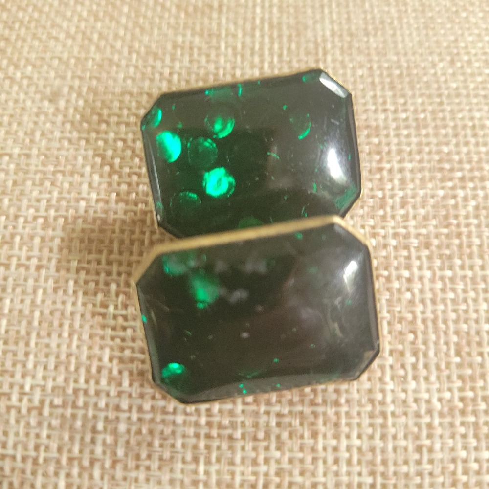 Vintage Emerald Green Confetti Lucite Rectangle Clip On Earrings 1" DarkAcademia